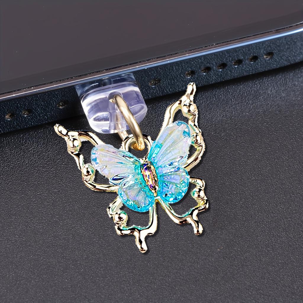 1pc Gradient Butterfly Alloy Metal Dust Plug for Mobile Phone, Decorative Charm Design, Debris Prevention Accessory