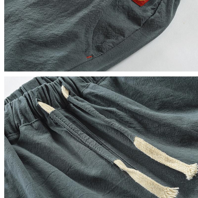 Men'S Cotton Linen Cropped Pants Summer Solid Breathable Linen Trousers Male Casual Capris Elastic Waist Casual Pants