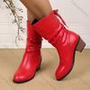 Fashion Comemore Autumn Winter New Middle Heel Lace-up Mid-calf Boots for Women Casual Solid Thick Heeled Female Round Toe Short Boats