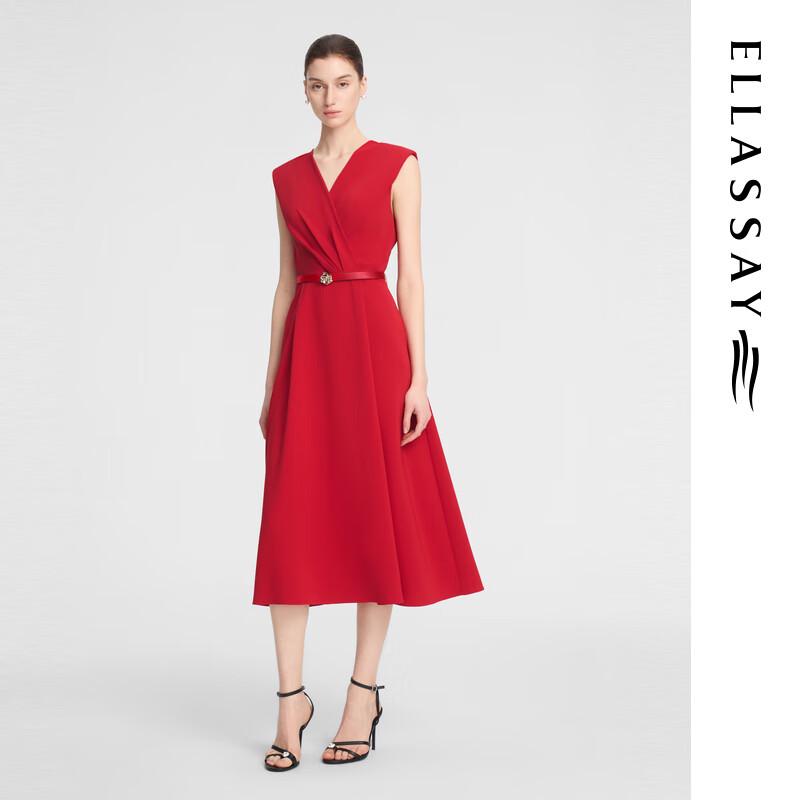 

ELLASSAY Women s Summer V-Neck Waist-Cinching Textured Midi Dress M