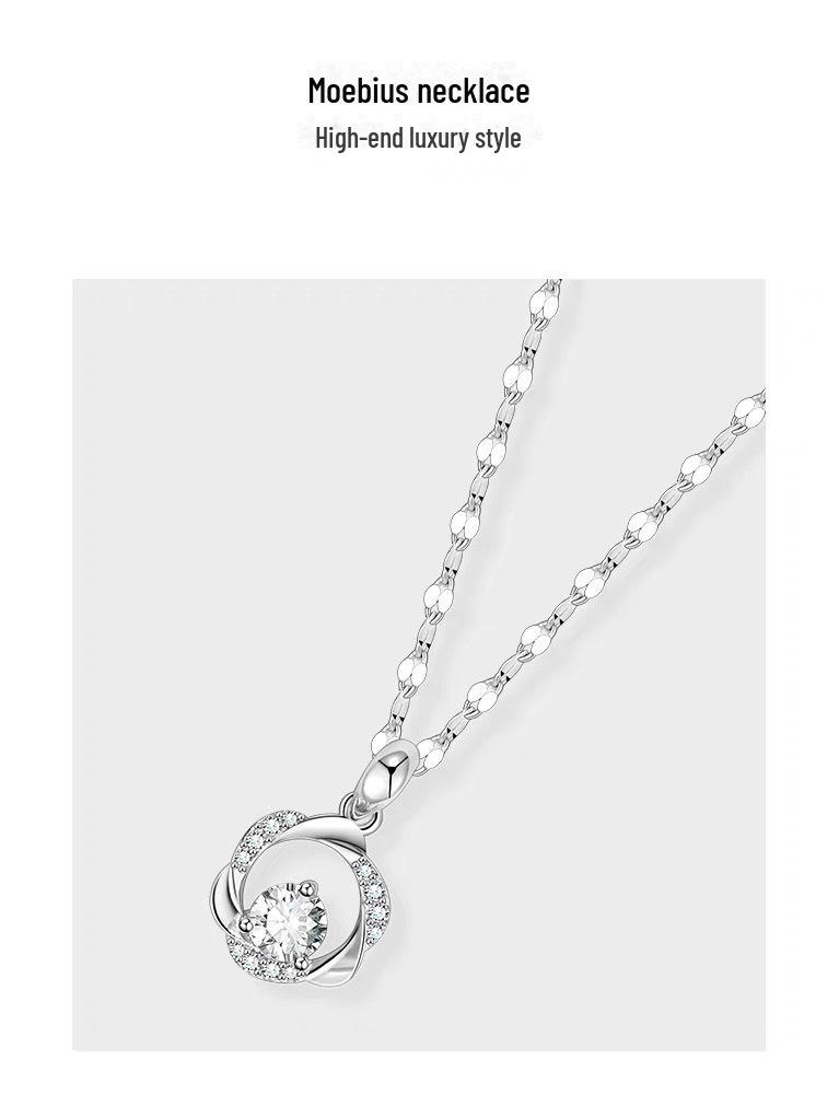 Sterling Silver Necklace with Mobius Ring Pendant and Trendy Flower Clavicle Chain