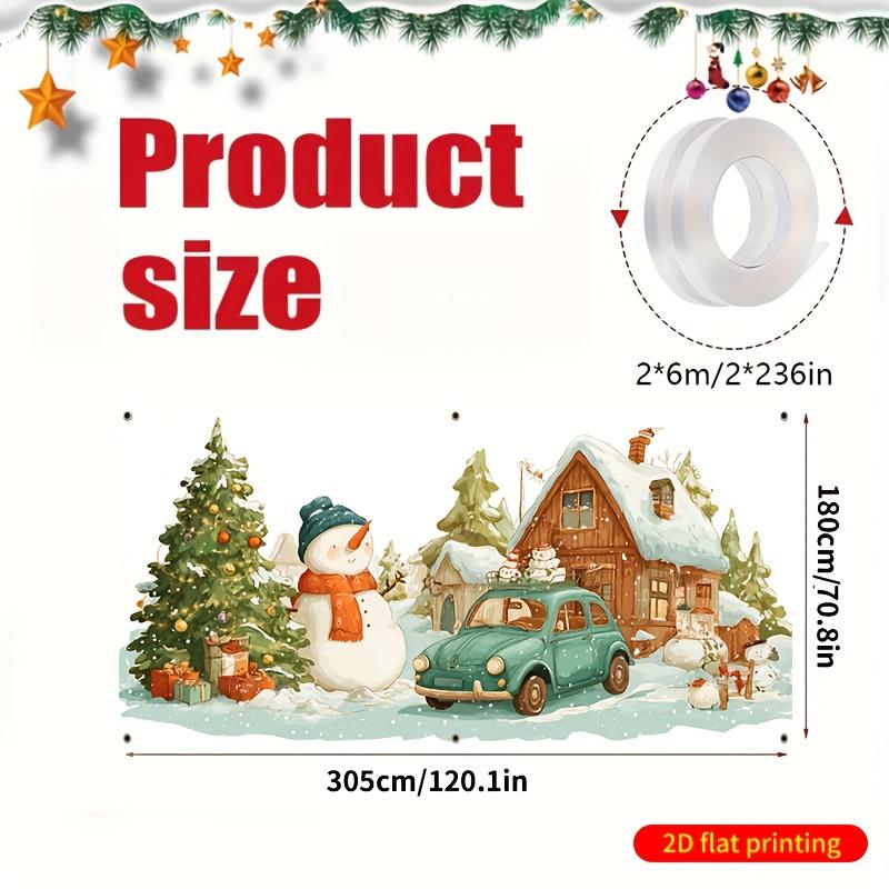 1pcs Winter Snowman and Retro Car 2D Flat Garage Door Background Banner - Snowy Houses Wreath and Gift Giving Snowman