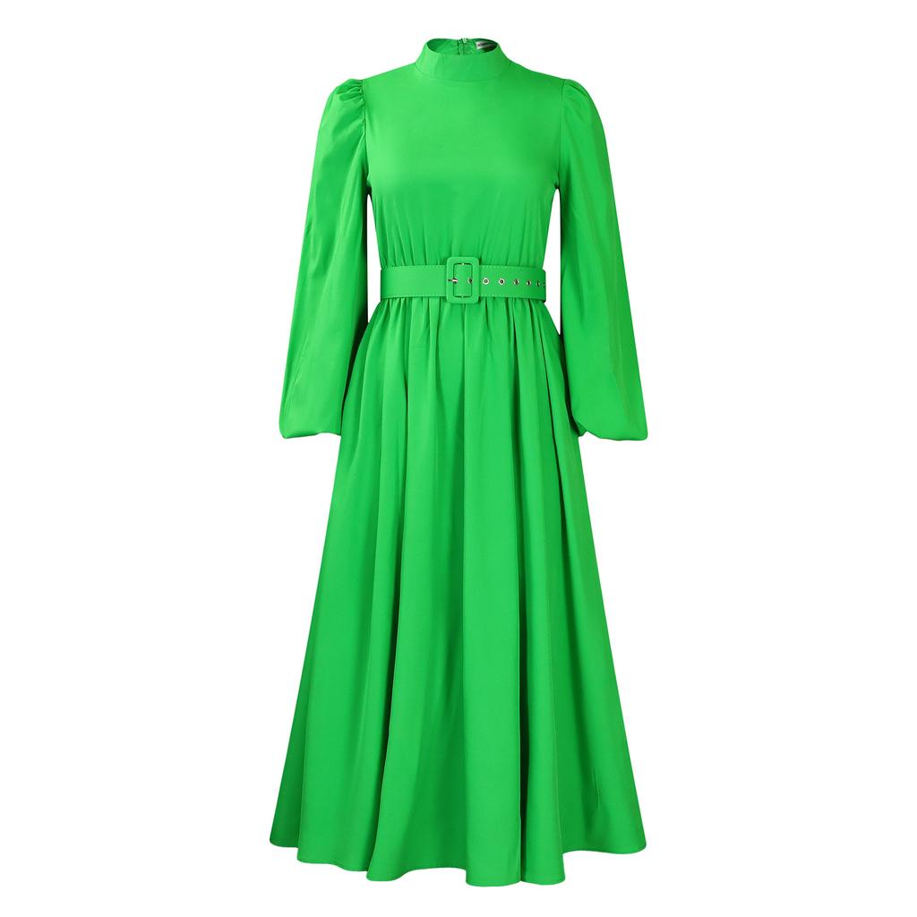 Spring and Autumn Plus Size Women's Dress Half High Neck Split Sleeve Waist Temperament Waist Slim Large Swing Dresses