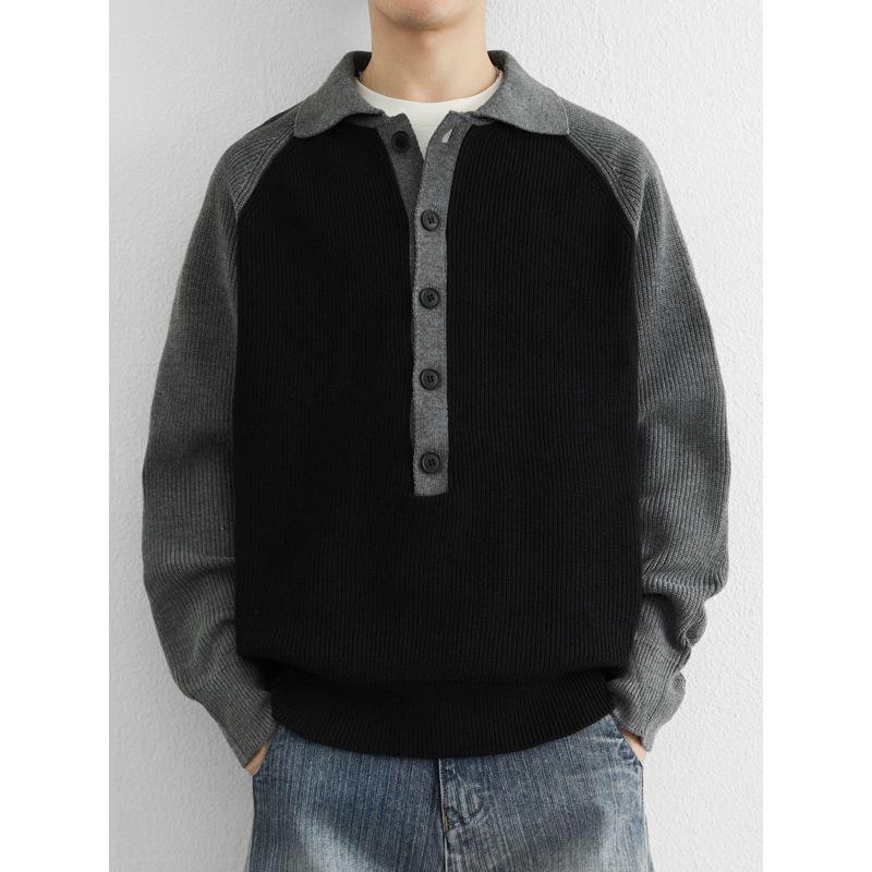 Men's 2025 Color-Block Knit Sweater Coat: Trendy Autumn/Winter Loose, Lazy Style with Half-Button and Turn-Down Collar