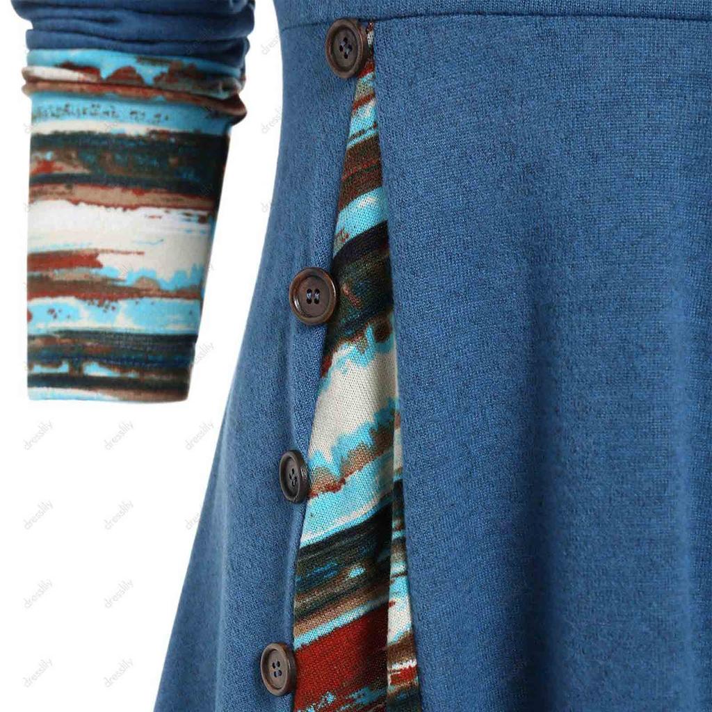 Convertible Neck Cinched Striped Flare A Line Dress Long Sleeve Dress For Women