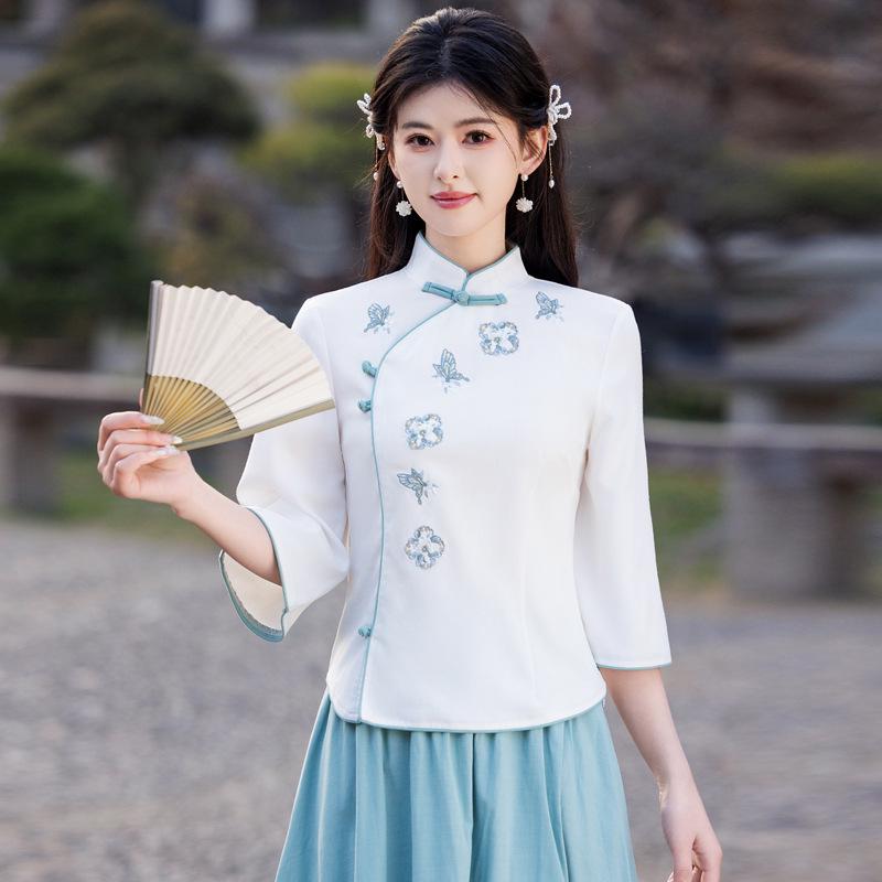 Vară Retro Chinezesc Guler Mandarin Bumbac In Brodat Costum Tang Cheongsam Top