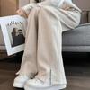 2026 Autumn/Winter Women's High-Waisted Herringbone Wide-Leg Pants with Plus Velvet and Slit, Slim Straight-Leg Design