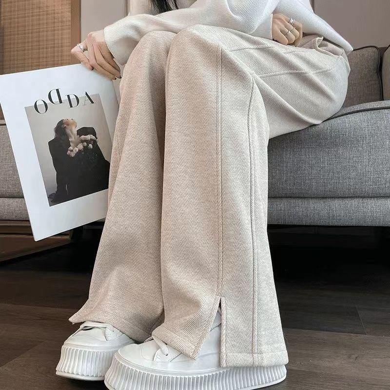 2026 Autumn/Winter Women's High-Waisted Herringbone Wide-Leg Pants with Plus Velvet and Slit, Slim Straight-Leg Design