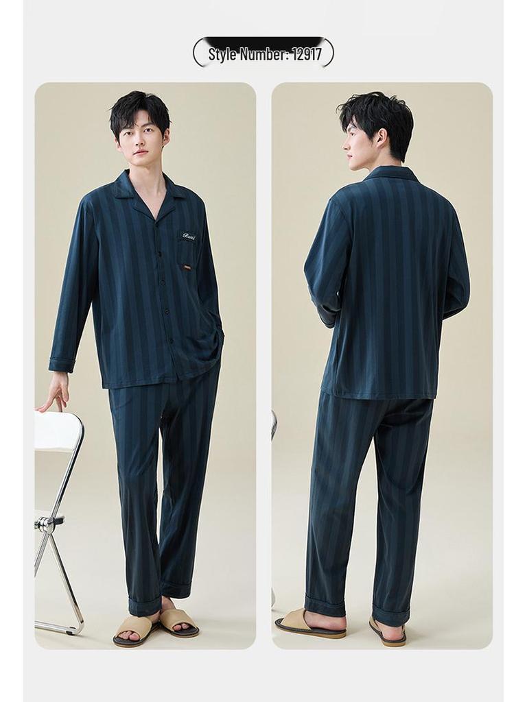 Spring 2026 Men's Striped Cotton Pajamas - Long Sleeve Korean Style Loungewear for Mid-Aged & Young Men