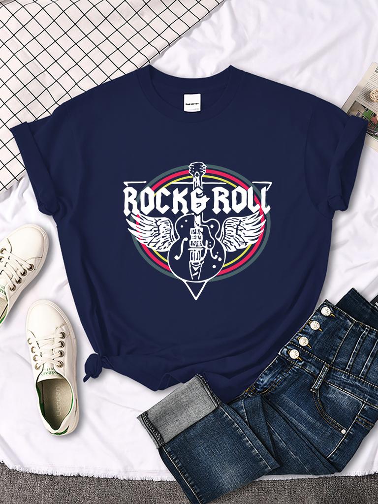 Rock Roll Electric Guitar Printed T-Shirt Women Casual Comfortable Tops Breathable Cool Short Sleeve O-Neck Street Tee Clothing