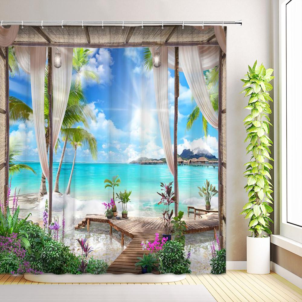 Tropical Ocean Scenery Shower Curtains Palm Tree Flowers Plants Nature Forest Waterfall Outdoor Garden Bathroom Decor with Hooks