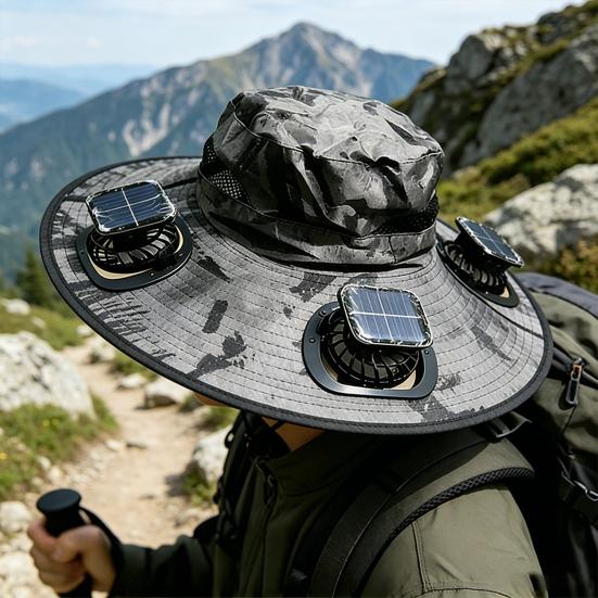 Bærbar Kølende Solhat, Udendørs Aktivitetskasket med Indbygget Ventilator Solenergisystem, UPF 50+ Åndbar Bredskygget Hat til Vandring Camping Fiskeri