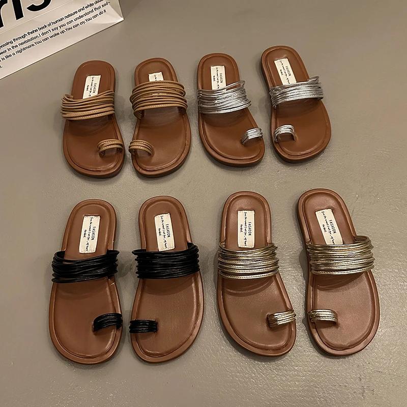 Nouvelles Pantoufles Plates Femme 2024 Tissées avec Tongs Confortables Chaussures Femme Pantoufles à Semelle Décontractée Chaussures Femme Été