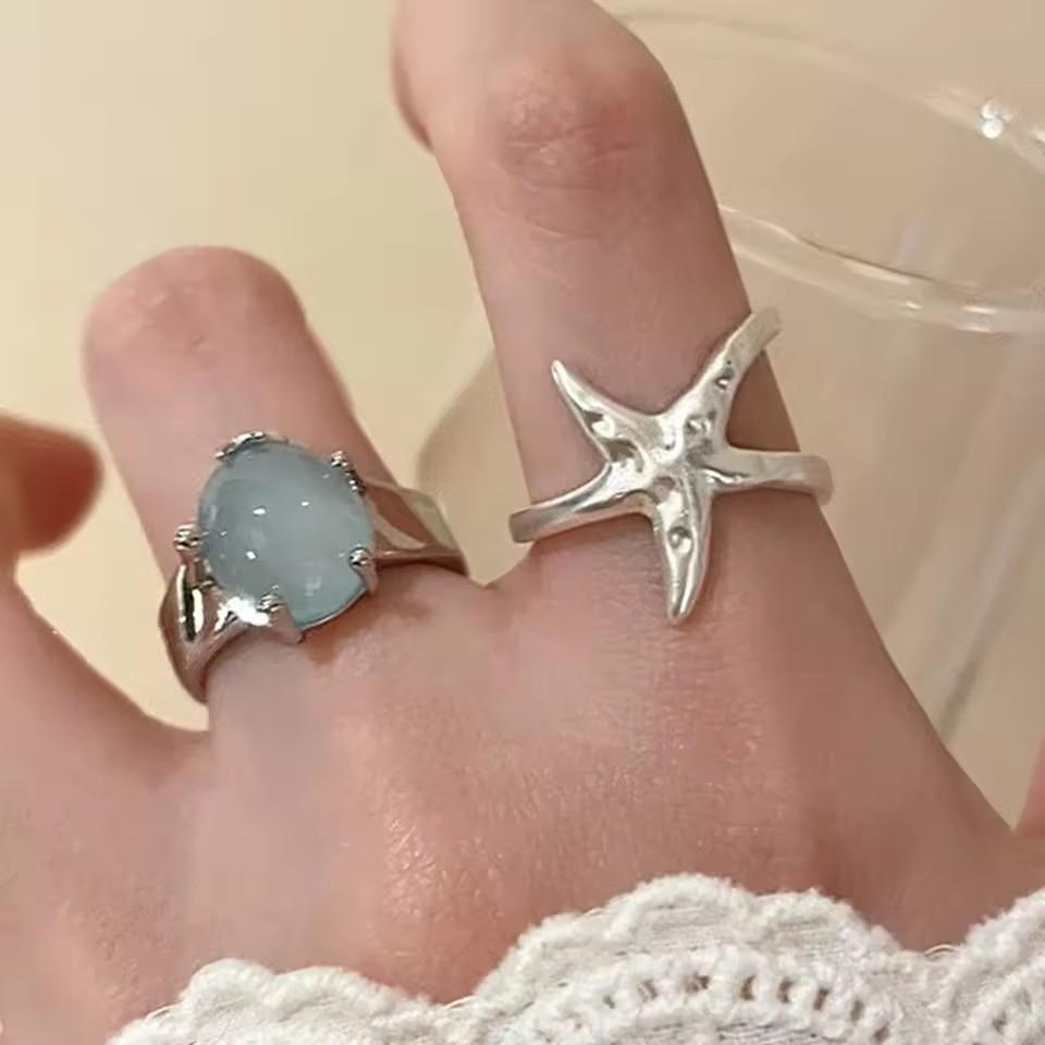 925 Silver Rings for Women Couple Minimalist Handmade Simple Blue Stone Star Ring Party Jewelry Gift Prevent Allergy