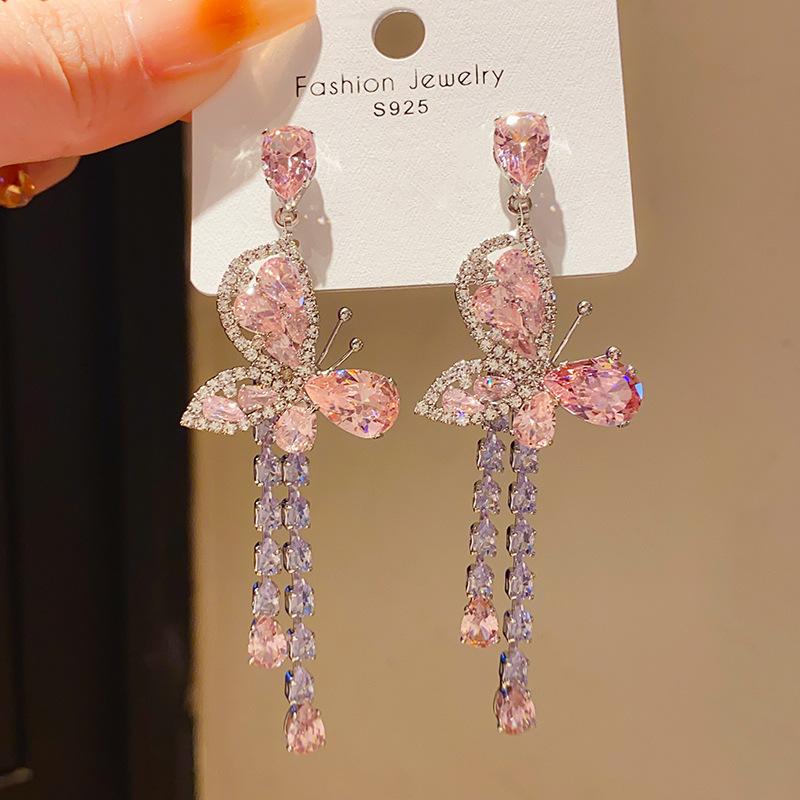 Silver Needle Luxury Cubic Zirconia Butterfly Water Drop Tassel Earrings, European & American Retro, Sweet Exquisite Chic Unique Fashion Earrings