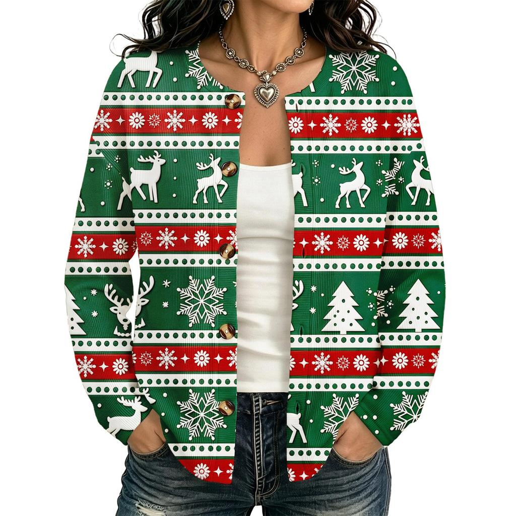 Damen Strickjacke mit langen Ärmeln und Weihnachtsdruck für die Feiertagsparty und den täglichen Gebrauch
