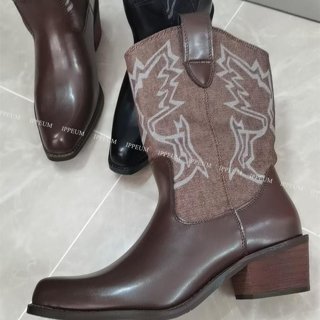 Fashion IPPEUM Cowboy Boots For Women 2025 New Fashion Winter Ankle Black Heel Shoes Western Cowgirl Boot