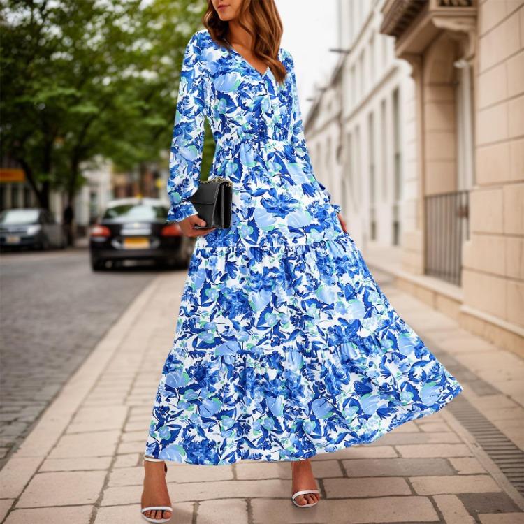 Vestido Maxi Floral Manga Longa Decote V Boêmio Vestido para Convidada de Casamento Casual Feminino