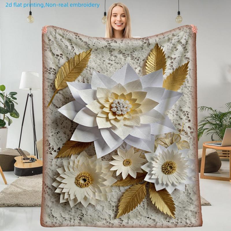 1pc Floral Print Blanket, Golden Leaves and White Flowers Design, Multiple Sizes Available, Autumn Thanksgiving Christmas Nap Blanket, Suitable for Li