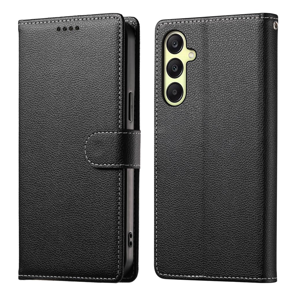 For Samsung Galaxy A17 5G Case Magnetic Snap Litchi Texture Leather Wallet Phone Cover with Wrist Strap