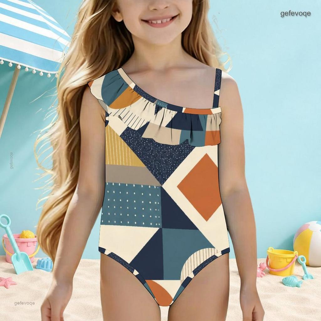 Girls One Shoulder Ruffle One Piece Swimsuit Abstract Printed Beach Swimwear