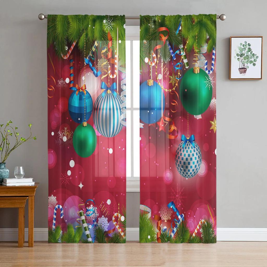 Christmas Tree Snowflakes Bow Red Dots Chiffon Sheer Curtains for Living Room Bedroom Decoration Window Voiles Tulle Curtain