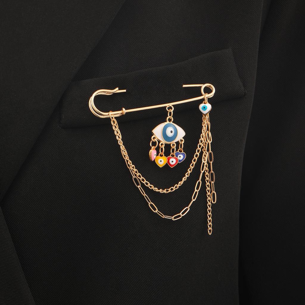 Evil Eye and Star Tassel Safety Pin Brooch with Pearl Accents for Women