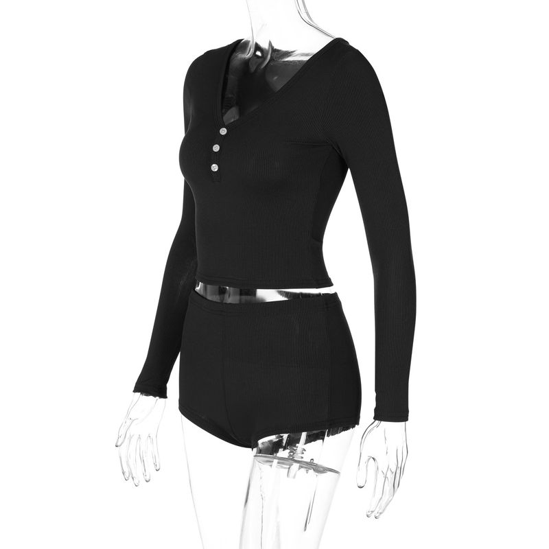 

Outfitgirl Минималистичный клетчатый топ с V-образным вырезом и длинными рукавами, шорты, спортивный облегающий стиль, очень короткие шорты, комплект из двух предметов Black S