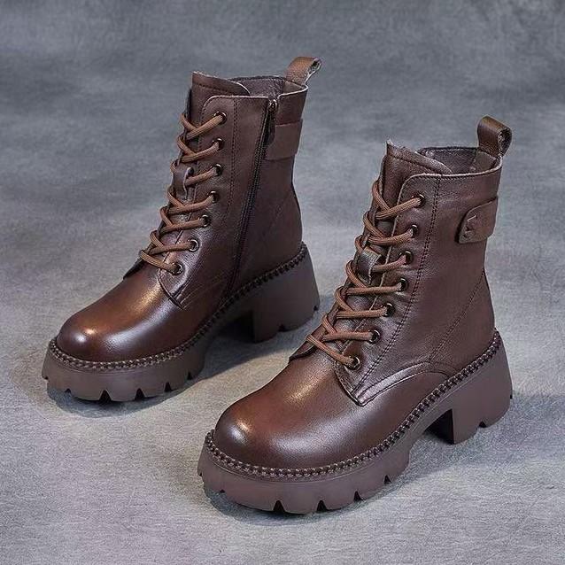 Leather Single Boots Autumn and Winter Velvet Versatile Soft-soled Martin Boots High Heel Small Boots Boots Women