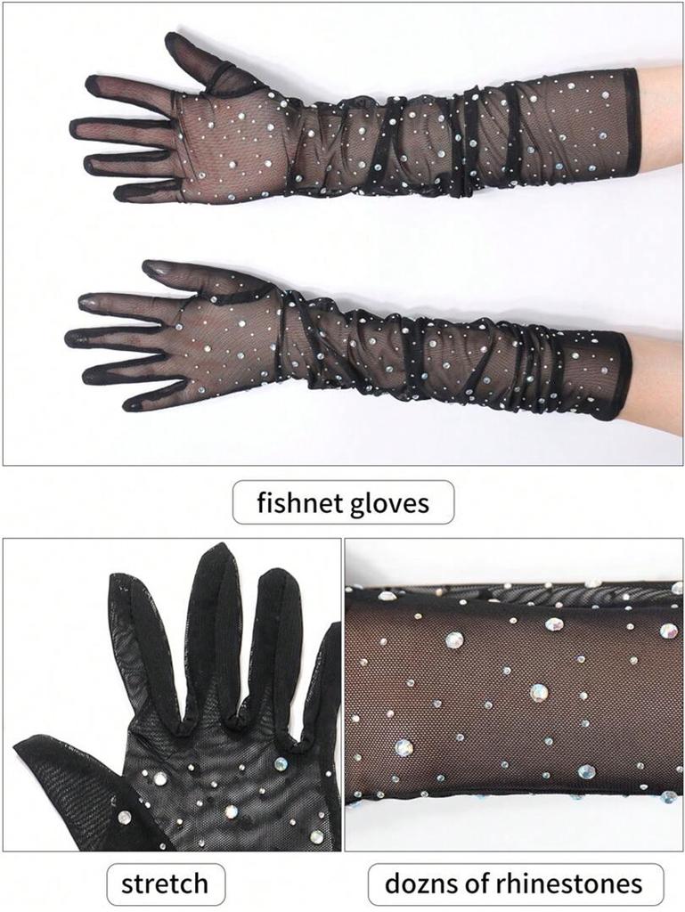 Gants en Maille Élastique avec Strass Pailletés Longs Décoratifs Gants d'Étiquette Fête Festival Mariage