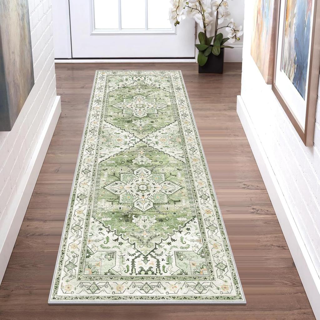 Vintage Green Medallion Runner Rug Hallway Carpet Non Slip Washable Floor Mat Kitchen Rug with Distressed Persian Design