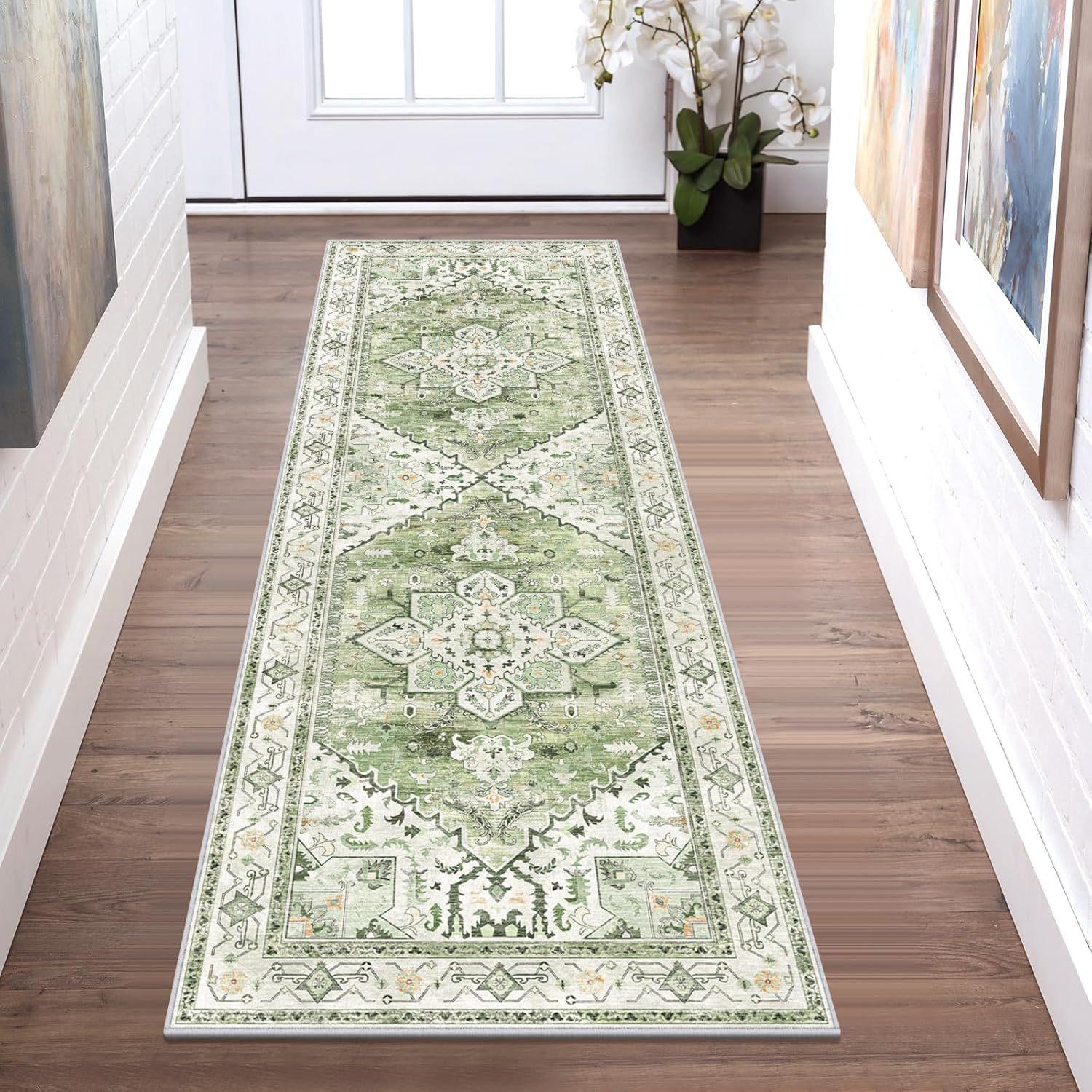 

Vintage Green Medallion Runner Rug Hallway Carpet Non Slip Washable Floor Mat Kitchen Rug with Distressed Persian Design 40X120CM