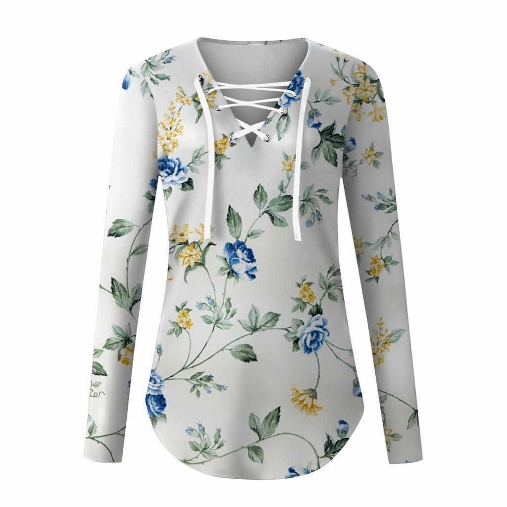Women's Blouse Fashion Loose Casual Long Sleeved Printed V-Neck T-shirt Top