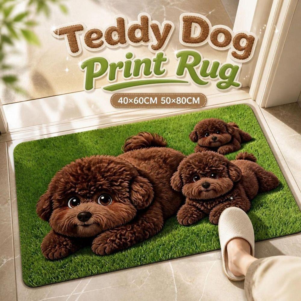 Absorbent Teddy Dog Print Rug Diatomite Entryway Rug Cartoon Floor Mat Home Decor