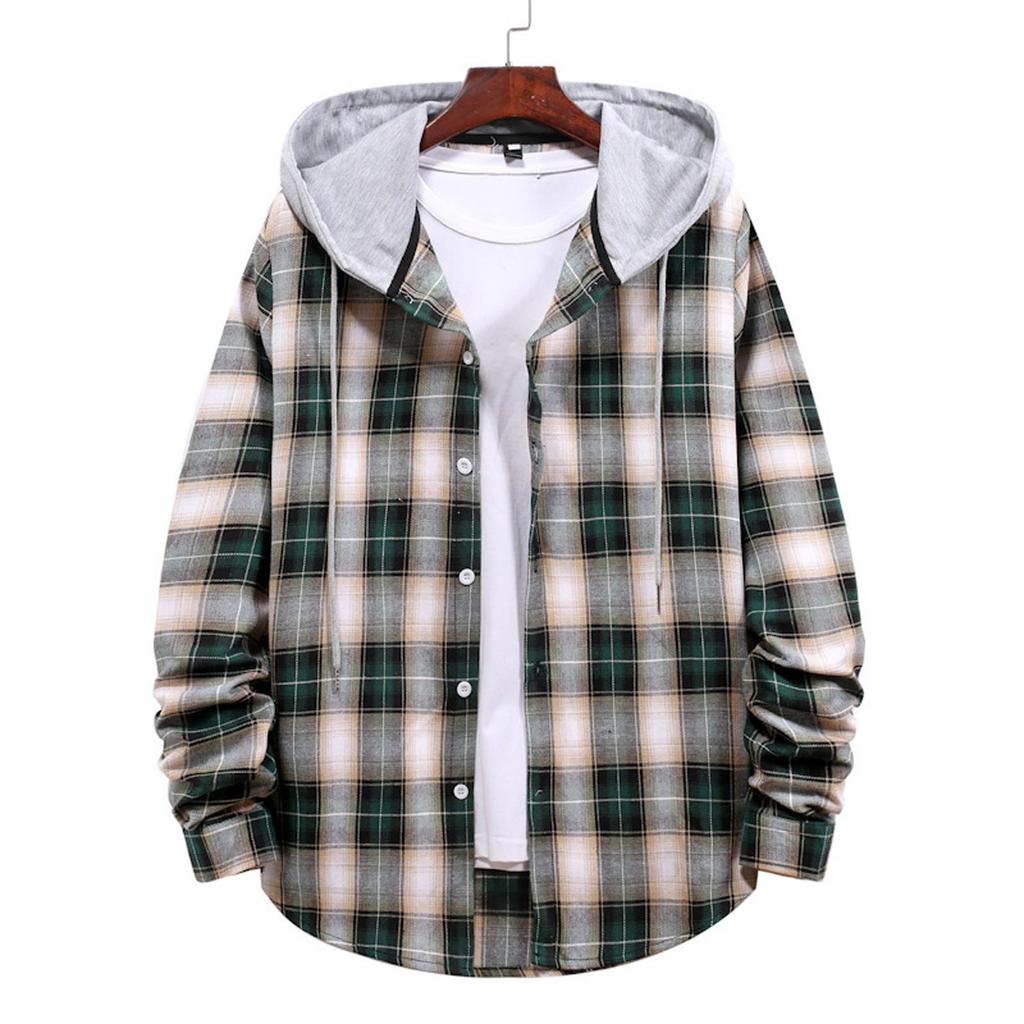 Men Casual Plaid Shirt Hooded Shirts Oversized Casual Shirt Men's Clothes European American Style Handsome Holiday Checked Shirt