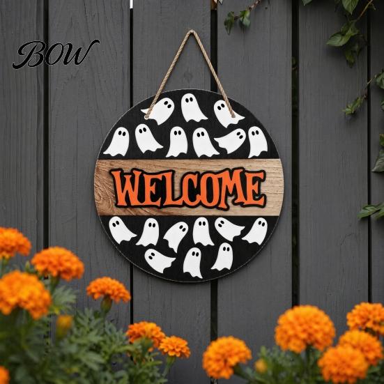 Spooky Door Decor Halloween Hanging Sign, Wooden Front Hanger Wreath, Cute Fall Festival Ghost Welcome Sign for Porch Wall Indoor Home Decoration