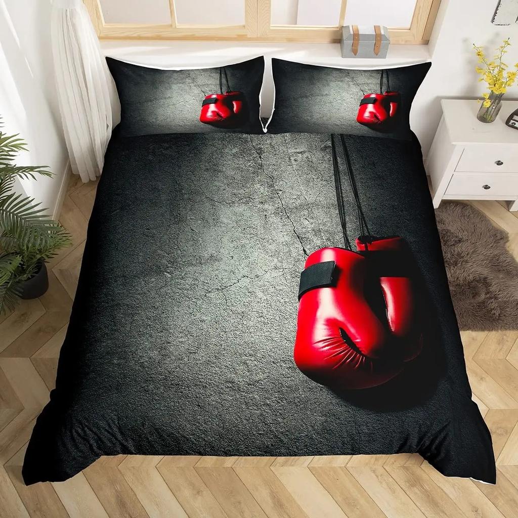 Boxing Sport Duvet Cover King Queen Golden Boxing Gloves Bedding Set Yellow Fire Print Comforter Cover Microfiber Quilt Cover