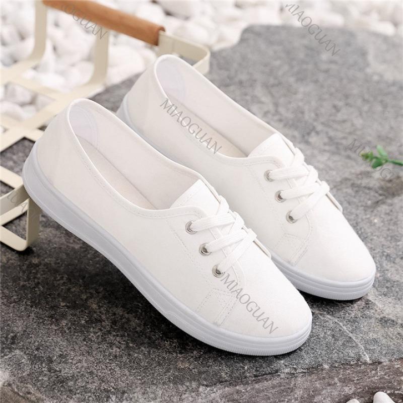 Fashion 2025 New Comfortable Street Lace Up Shoes Fashionable Versatile Women Flats Lady Classic Round Toe White Canvas Shoes for Women