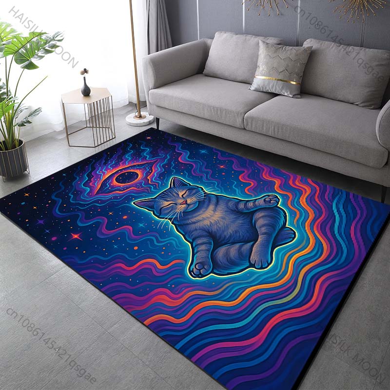 Multiple Sizes Meditating Cat with Colorful Galaxy Print Carpet Rug for Living Room Bedroom Sofa Doormat Home Decor Non-slip Mat