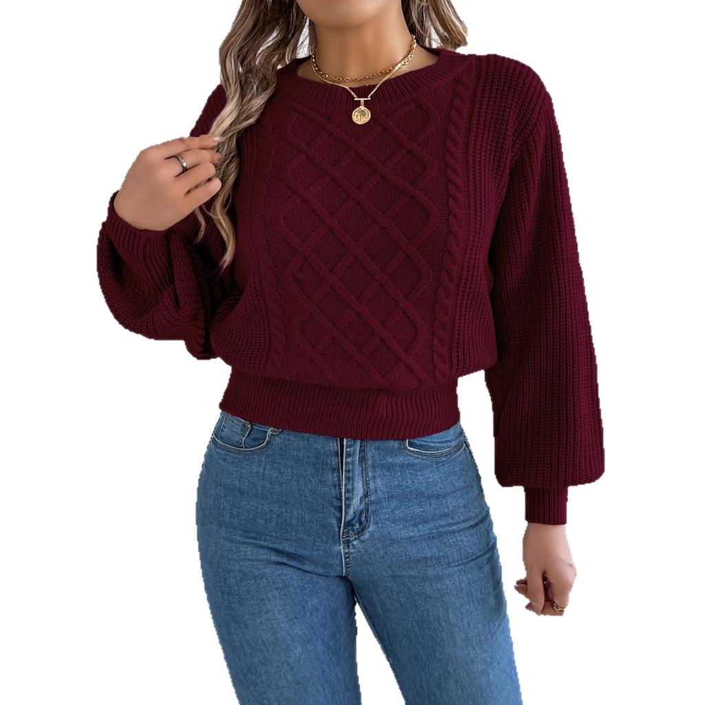 Women's Solid Color Round Neck Lantern Long Sleeve Knitted Sweaters Autumn Winter Clothes