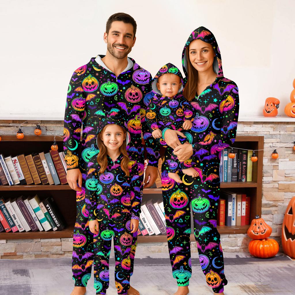 Halloween Printed Family Matching Hooded Long Sleeved Zippered Hooded Jumpsuit Set
