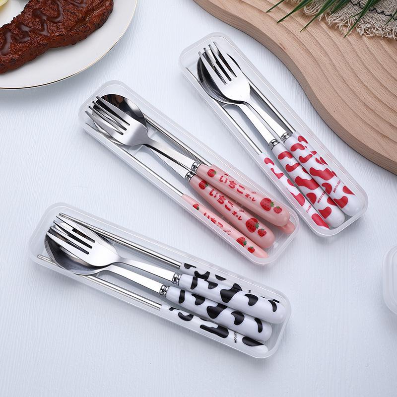 Stainless Steel 3-Piece Portable Cutlery Set: Chopsticks, Spoon & Fork - Sleek Design, Ideal for Students & Gifts
