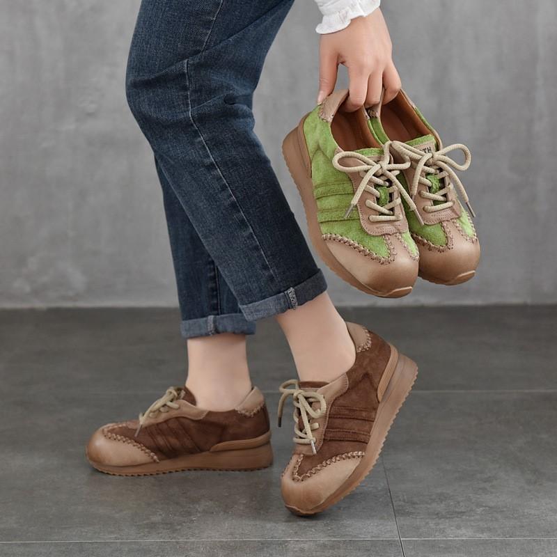 Johnature Handmade Flats Mixed Colors Lace-up Shoes Genuine Leather Casual Women's Shoes Versatile Sneakers