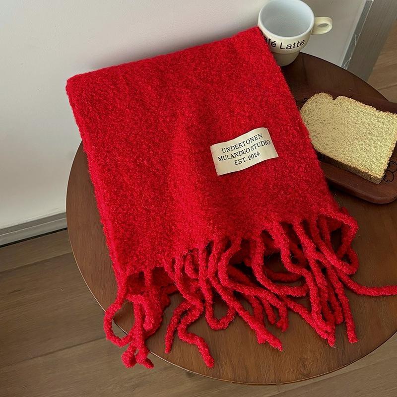 

New Korean Style Solid Color High End Warm Cycling Scarf Winter Thickened Cold Proof Red Wool Tassel Scarf for Women