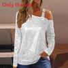 Polyester Long Sleeve T Shirt With Sequin Round Neck For Casual Women