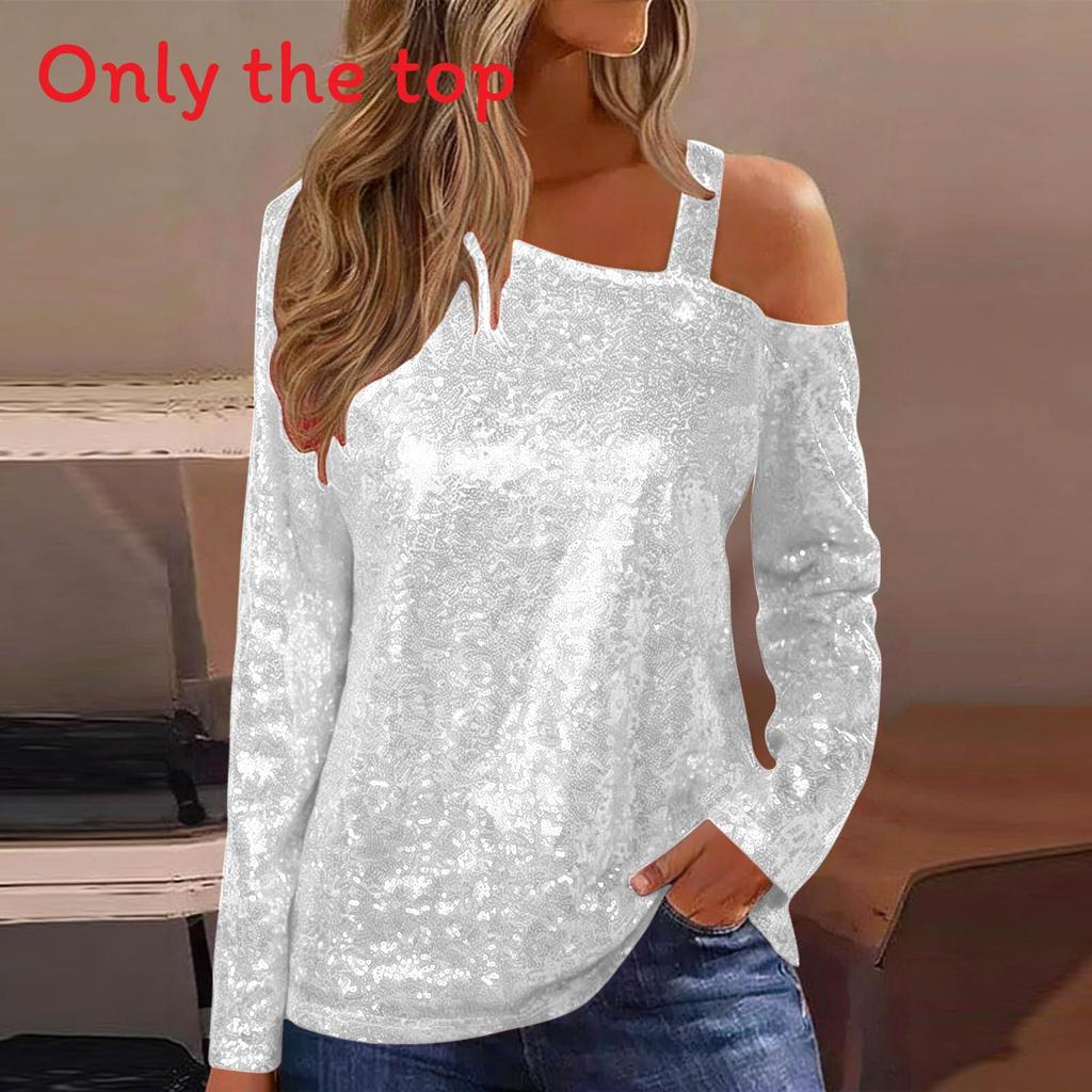 Polyester Long Sleeve T Shirt With Sequin Round Neck For Casual Women
