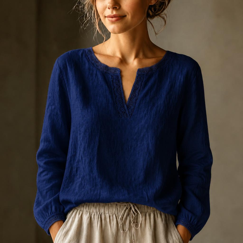Women s Linen Long Sleeve Shirt Lace Trim V-Neck Loose Fit Blouse M