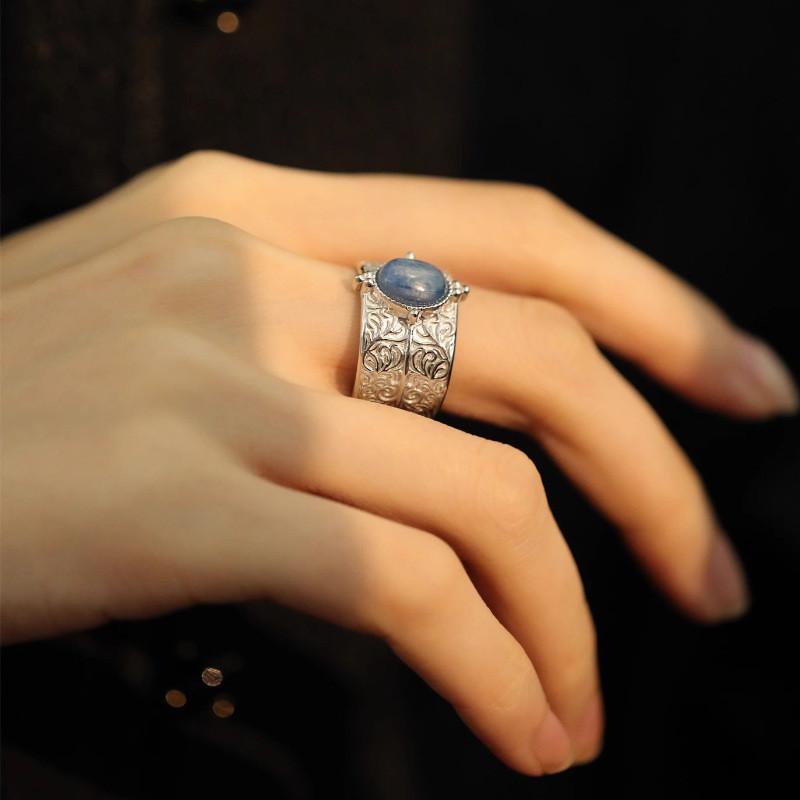 Blue Crystal Luxurious Copper Ring For Women With Unique Adjustable Band Wide