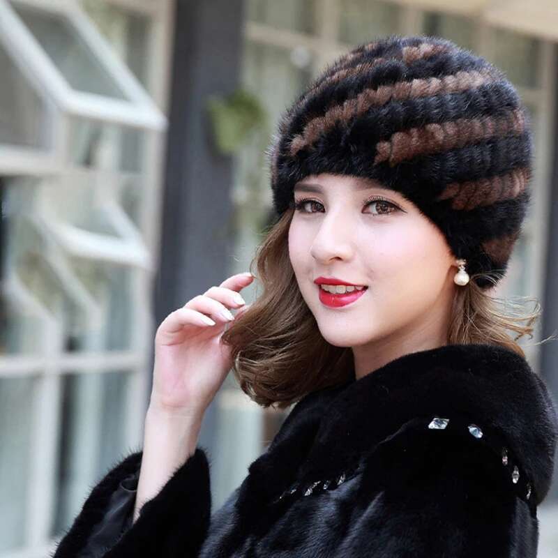 Mink Fur Hats For Women Fashion Ear Protection And Warm Natural Fur Knitted Hat Fluffy Fur Caps Ladies Black Fur Caps Winter Cap