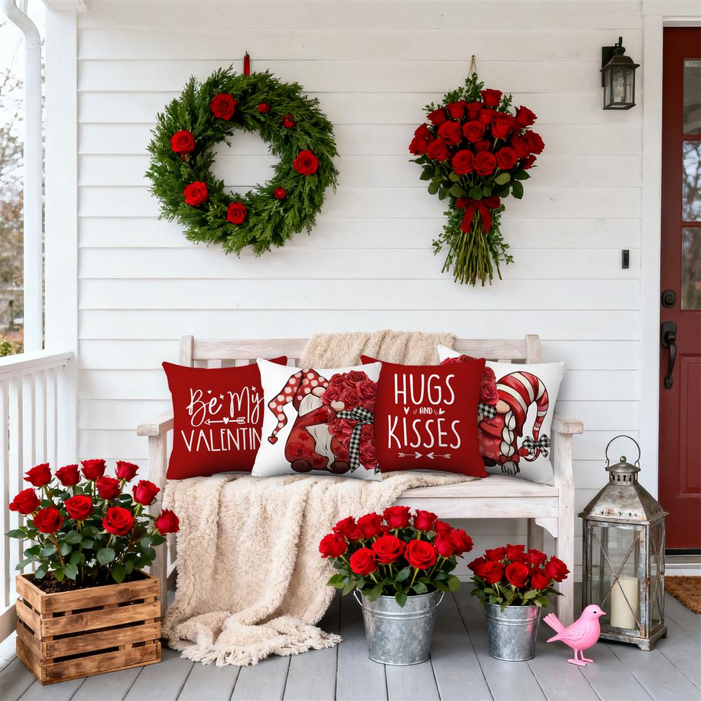 4pcs Valentine'S Day Throw Pillow Covers - Hugs and Kisses Gnome Rose Heart Design, Zip Closure, Polyester 100., Contemporary Style